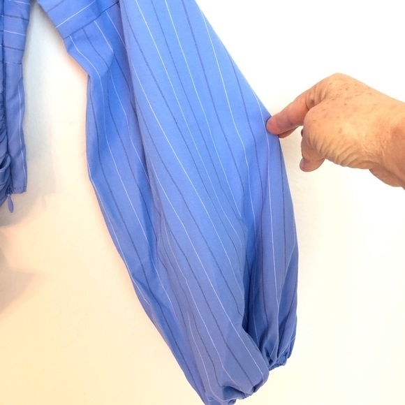 NWT LIKELY FRONT TIE TOP M Blue long sleeve striped top cropped cotton shirt - Picture 7 of 12